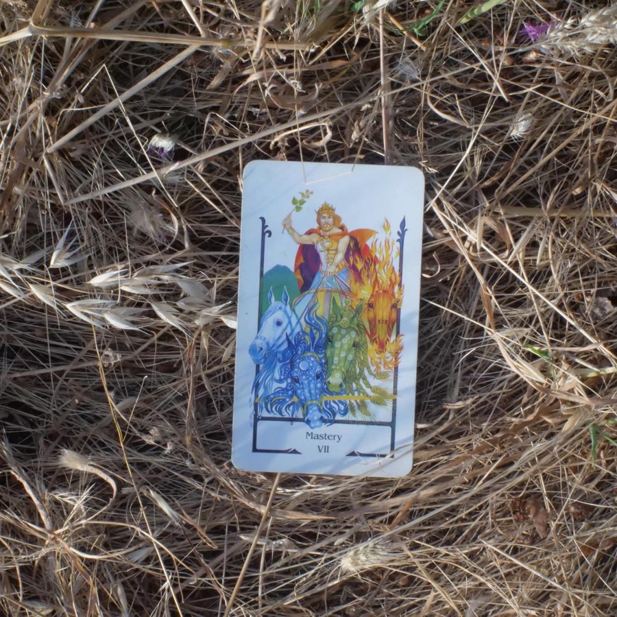 The The Chariot tarot card photographed outdoors