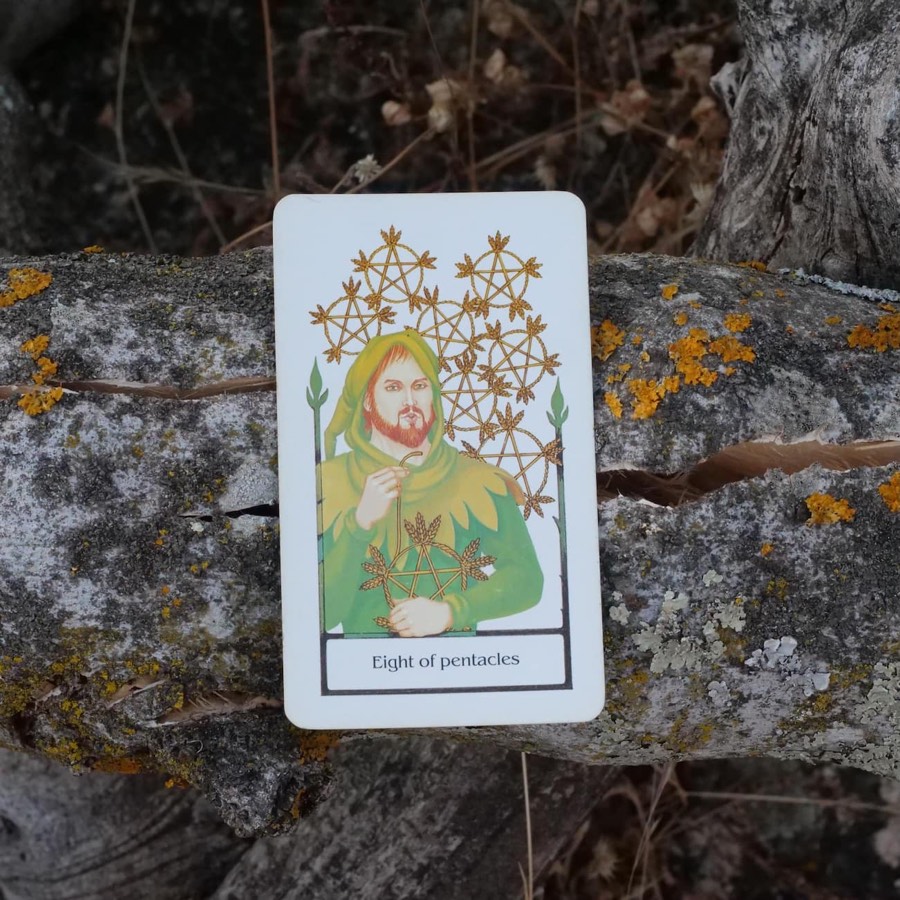 The Eight of Pentacles tarot card photographed outdoors