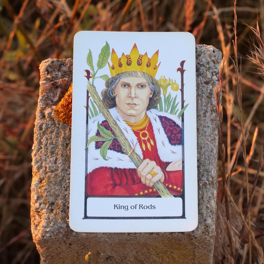 The King of Wands tarot card photographed outdoors