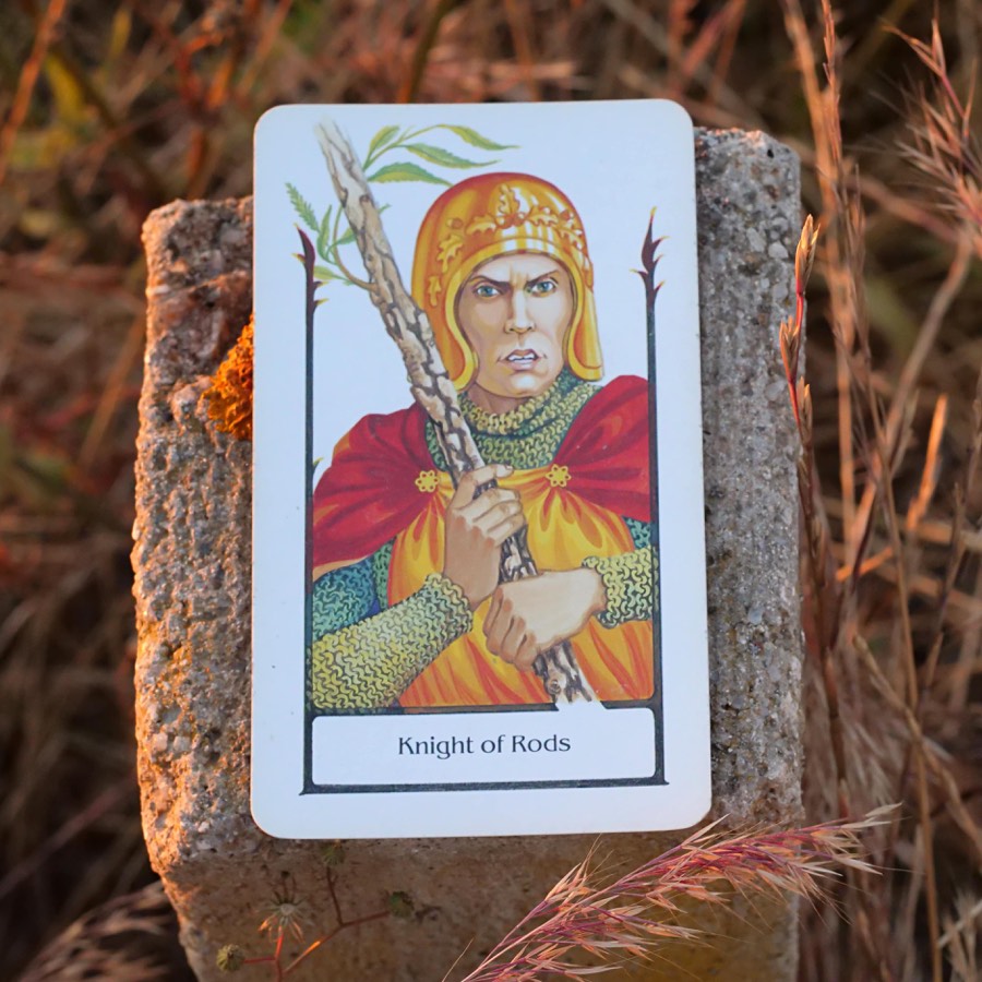The Knight of Wands tarot card photographed outdoors
