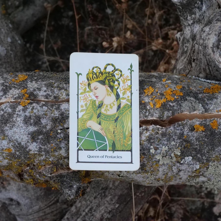 The Queen of Pentacles tarot card photographed outdoors