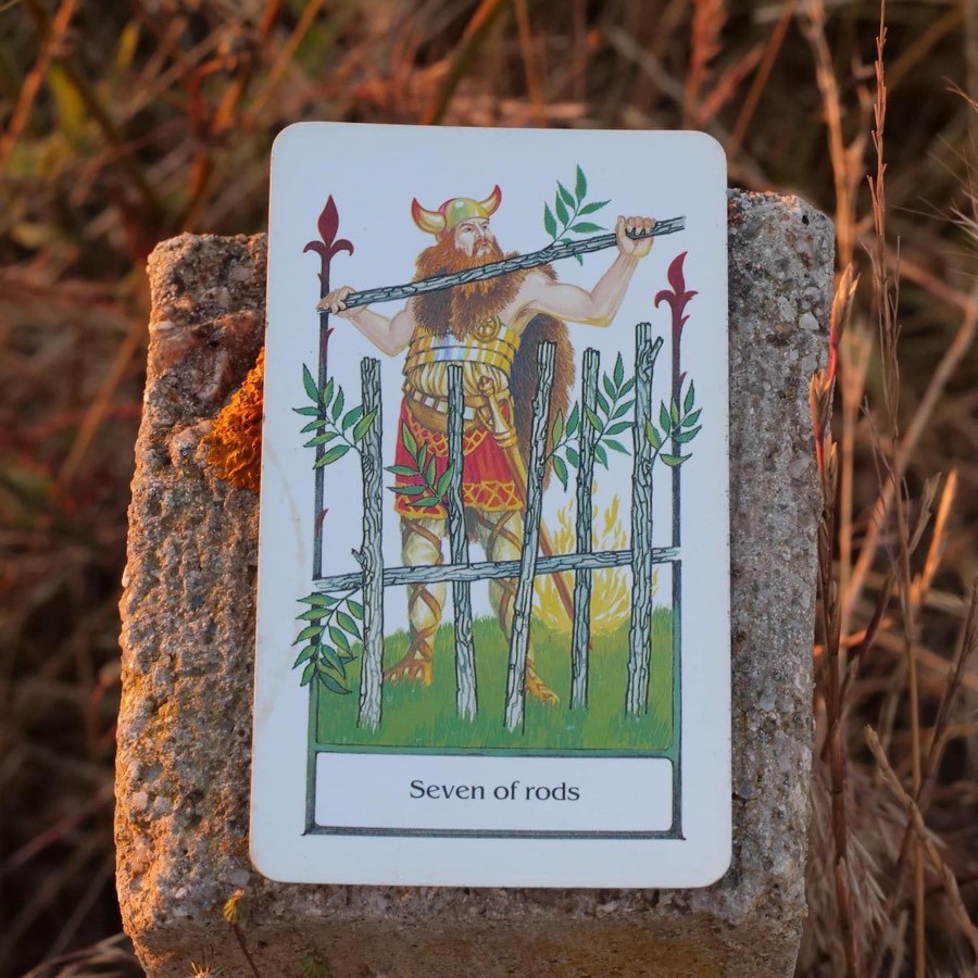 The Seven of Wands tarot card photographed outdoors
