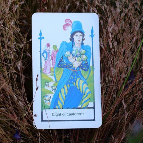 Eight of Cups tarot card, photographed outdoors