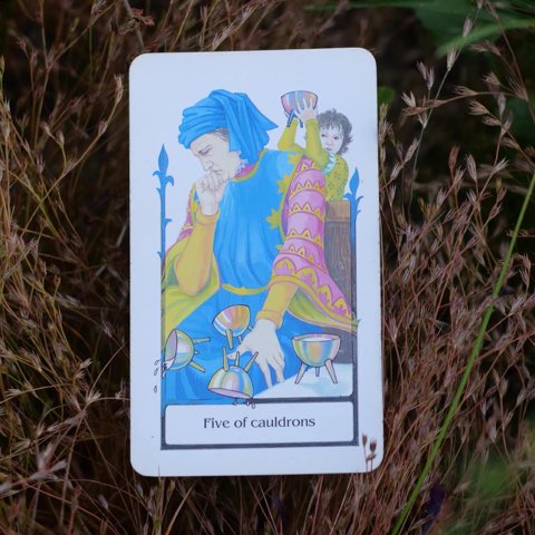 Five of Cups tarot card, photographed outdoors