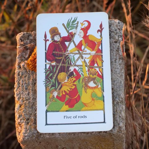 Five of Wands tarot card, photographed outdoors