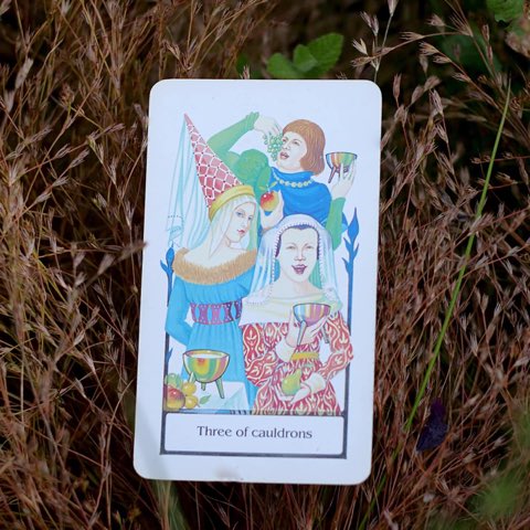 Three of Cups tarot card, photographed outdoors